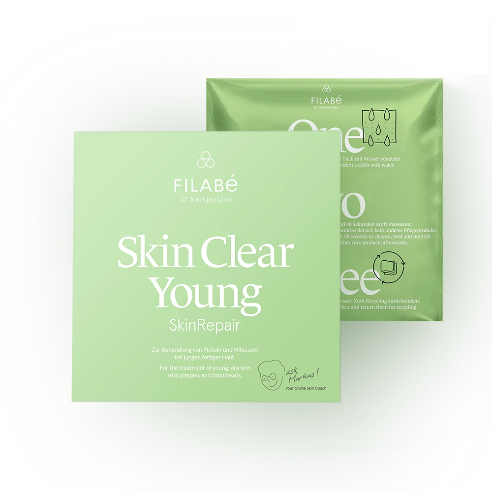 Skin Clear Young, Filabé Tuch, gegen fettige unreine Haut, ölige Glanz, Pickel, Mitesser, Akne, Poren, bis 22, Problemhaut, Hautpflege, Nachtpflege